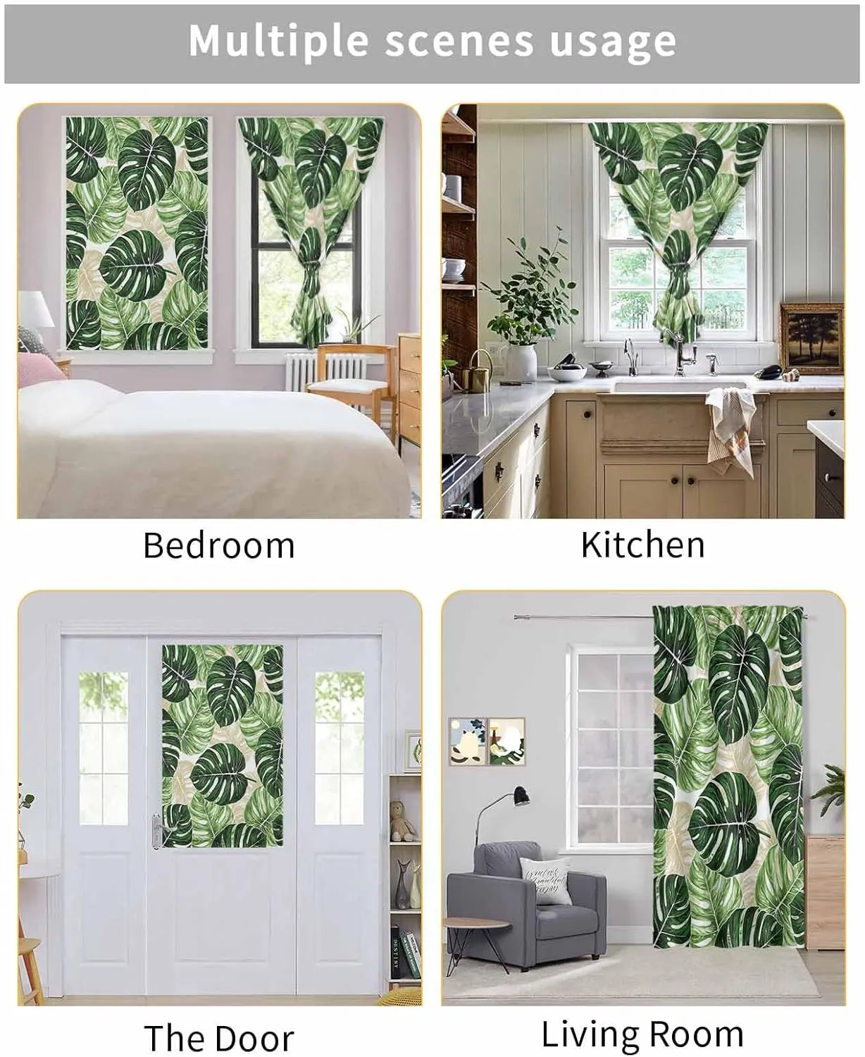 Palm Leaf Self Adhesive Blackout Curtains with Tiebacks,Portable Rod Pocket Living Room Darkening Curtains for Kitchen,Tropical Plant Country Green Summer Thermal Insulated Windows Cover,47Wx84H