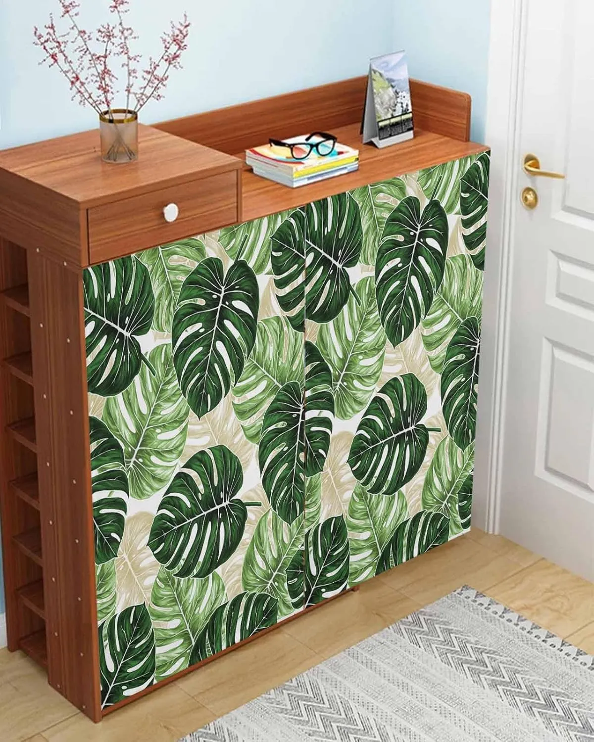 Palm Leaf Self Adhesive Blackout Curtains with Tiebacks,Portable Rod Pocket Living Room Darkening Curtains for Kitchen,Tropical Plant Country Green Summer Thermal Insulated Windows Cover,47Wx84H