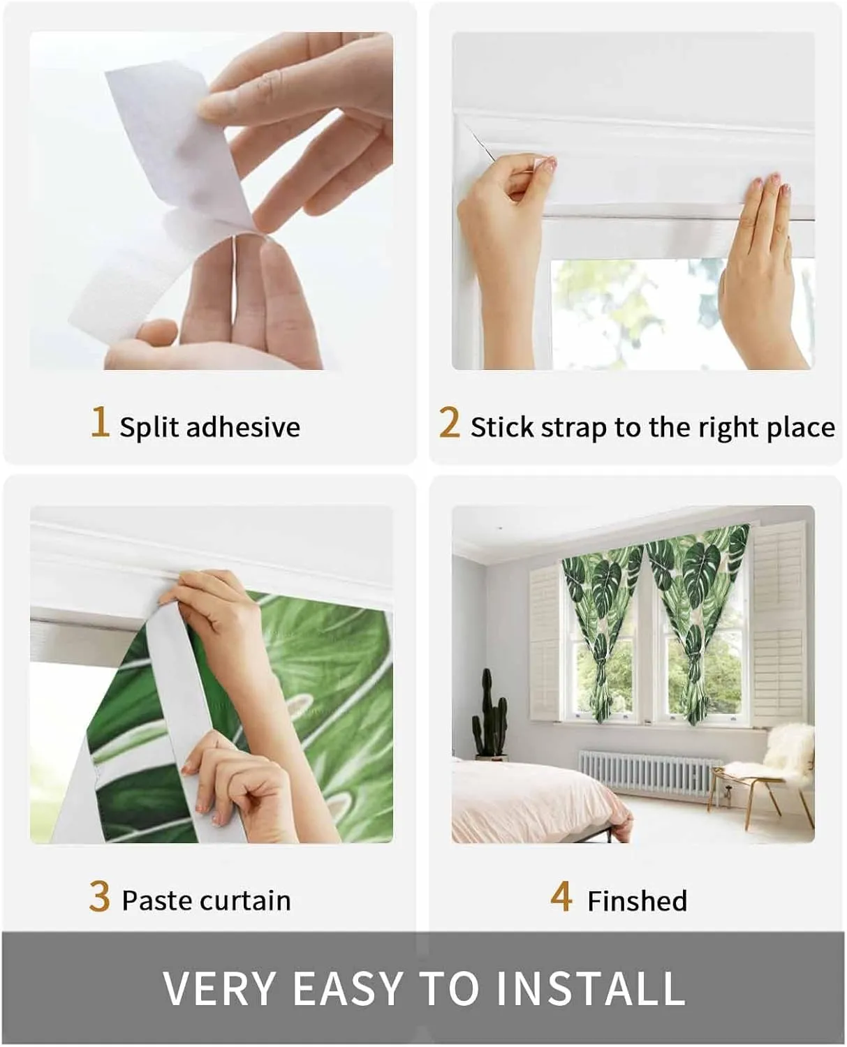 Palm Leaf Self Adhesive Blackout Curtains with Tiebacks,Portable Rod Pocket Living Room Darkening Curtains for Kitchen,Tropical Plant Country Green Summer Thermal Insulated Windows Cover,47Wx84H