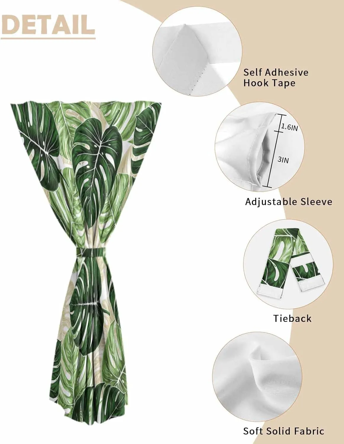 Palm Leaf Self Adhesive Blackout Curtains with Tiebacks,Portable Rod Pocket Living Room Darkening Curtains for Kitchen,Tropical Plant Country Green Summer Thermal Insulated Windows Cover,47Wx84H