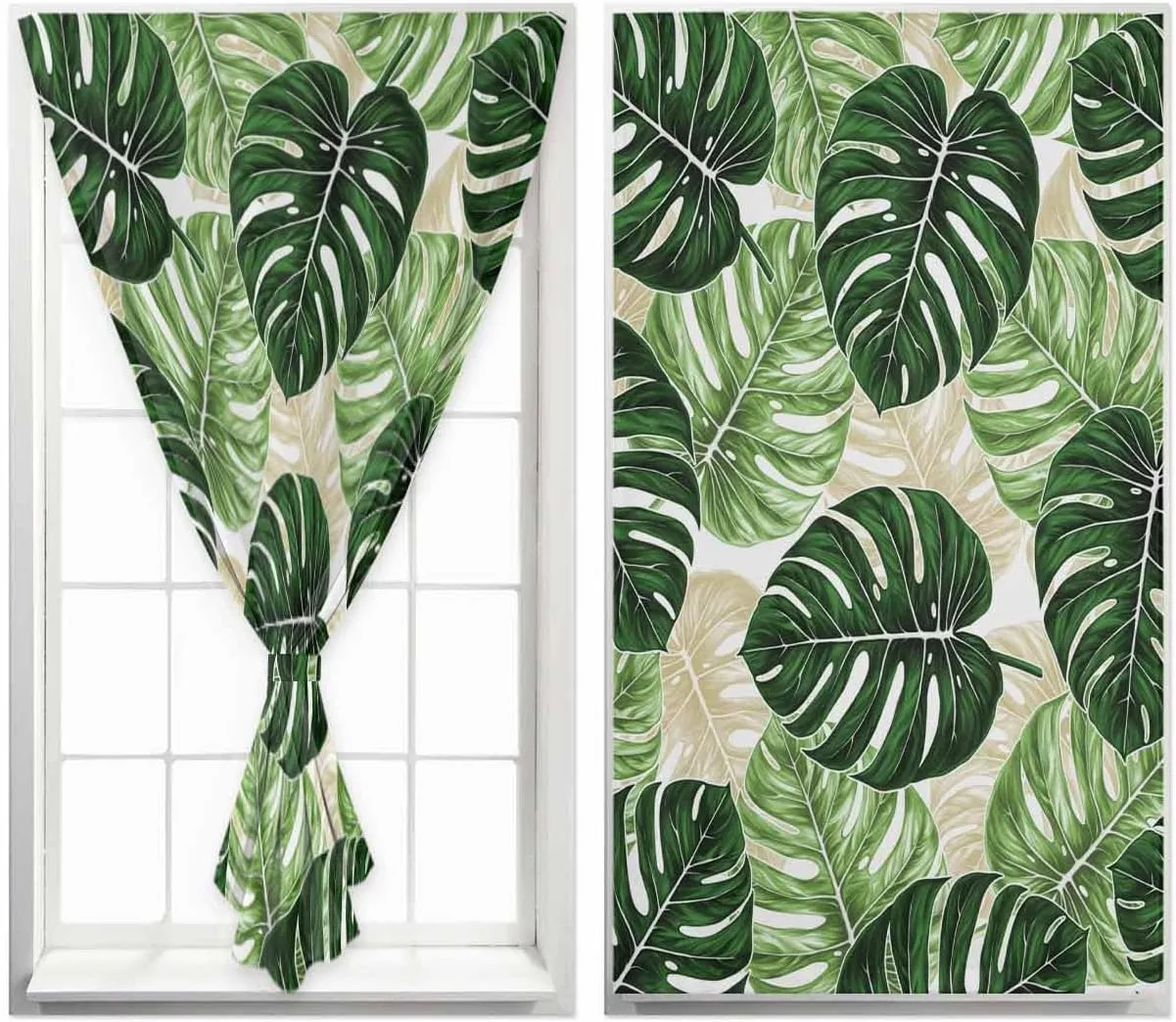 Palm Leaf Self Adhesive Blackout Curtains with Tiebacks,Portable Rod Pocket Living Room Darkening Curtains for Kitchen,Tropical Plant Country Green Summer Thermal Insulated Windows Cover,47Wx84H