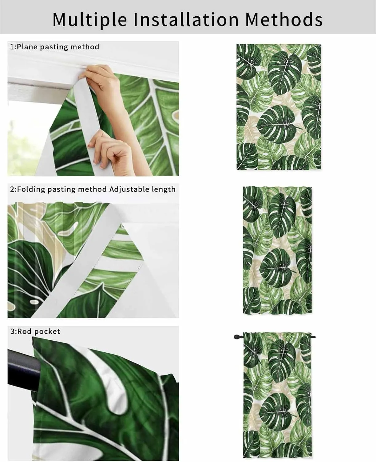 Palm Leaf Self Adhesive Blackout Curtains with Tiebacks,Portable Rod Pocket Living Room Darkening Curtains for Kitchen,Tropical Plant Country Green Summer Thermal Insulated Windows Cover,47Wx84H