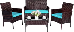 Patio Furniture 4 Pieces Conversation Sets Outdoor Wicker Rattan Chairs Garden Backyard Balcony Porch Poolside Loveseat with Soft Cushion and Tempered Glass Table,Brown/Blue