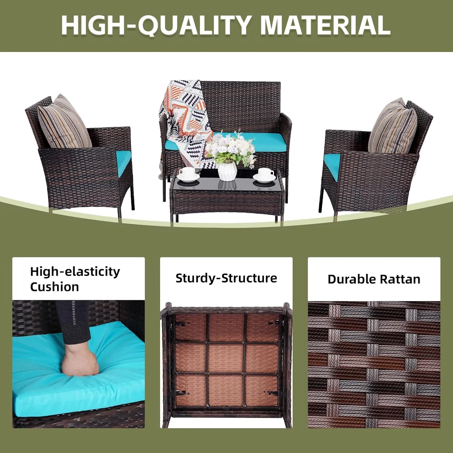 Patio Furniture 4 Pieces Conversation Sets Outdoor Wicker Rattan Chairs Garden Backyard Balcony Porch Poolside Loveseat with Soft Cushion and Tempered Glass Table,Brown/Blue