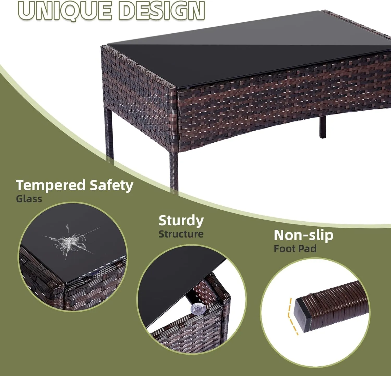 Patio Furniture 4 Pieces Conversation Sets Outdoor Wicker Rattan Chairs Garden Backyard Balcony Porch Poolside Loveseat with Soft Cushion and Tempered Glass Table,Brown/Blue