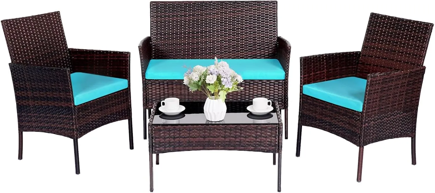 Patio Furniture 4 Pieces Conversation Sets Outdoor Wicker Rattan Chairs Garden Backyard Balcony Porch Poolside Loveseat with Soft Cushion and Tempered Glass Table,Brown/Blue