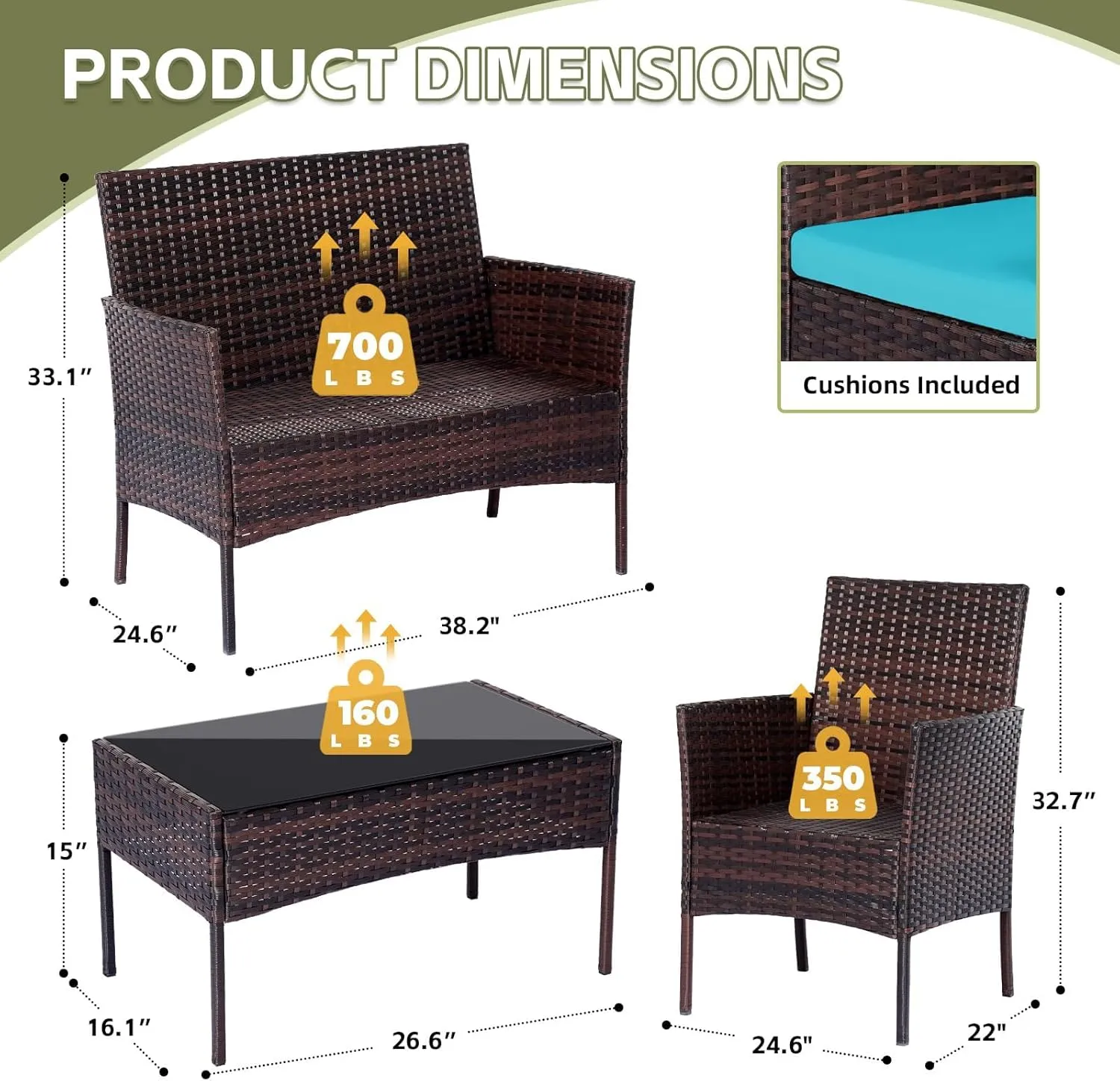 Patio Furniture 4 Pieces Conversation Sets Outdoor Wicker Rattan Chairs Garden Backyard Balcony Porch Poolside Loveseat with Soft Cushion and Tempered Glass Table,Brown/Blue