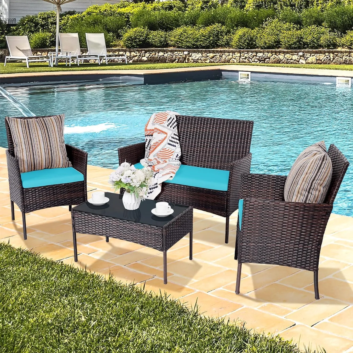 Patio Furniture 4 Pieces Conversation Sets Outdoor Wicker Rattan Chairs Garden Backyard Balcony Porch Poolside Loveseat with Soft Cushion and Tempered Glass Table,Brown/Blue