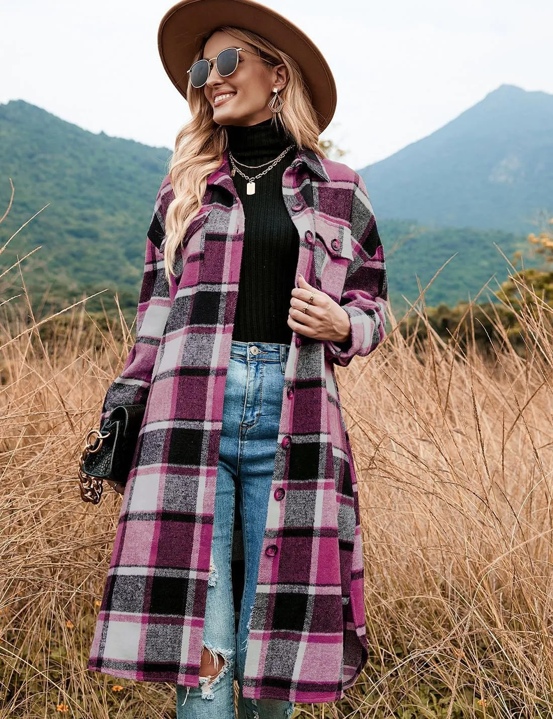 Peaceglad Women's Lounge Lapel Button Up Long Sleeve Plaid Long Shirt Jacket Shacket