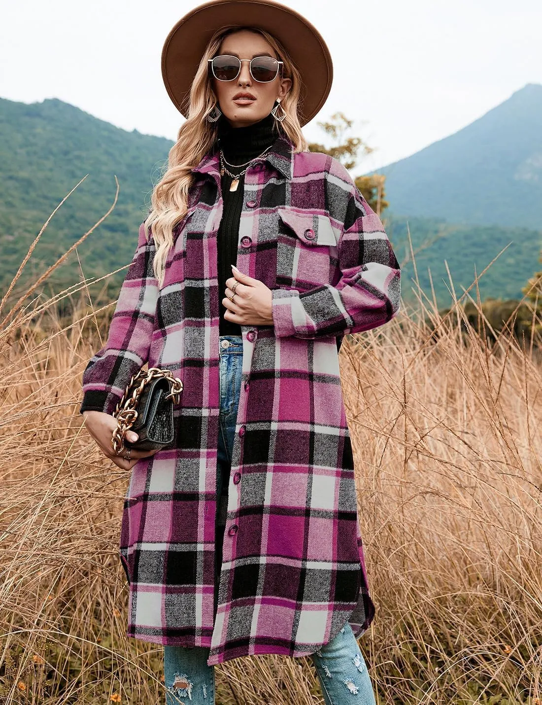 Peaceglad Women's Lounge Lapel Button Up Long Sleeve Plaid Long Shirt Jacket Shacket