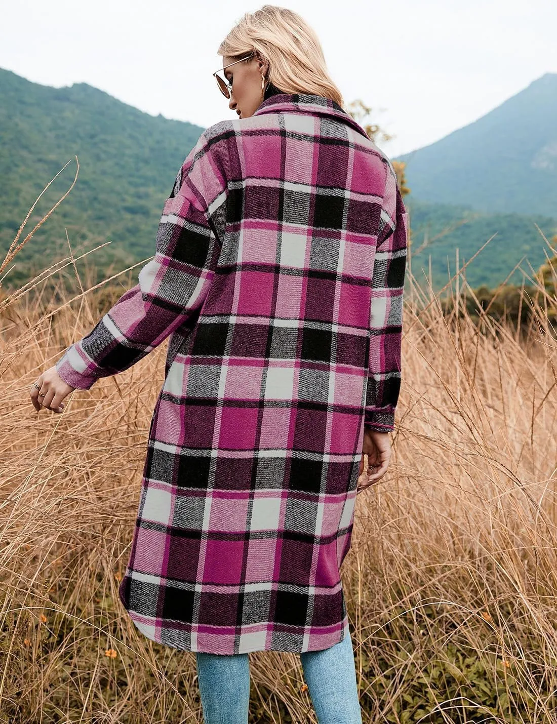 Peaceglad Women's Lounge Lapel Button Up Long Sleeve Plaid Long Shirt Jacket Shacket