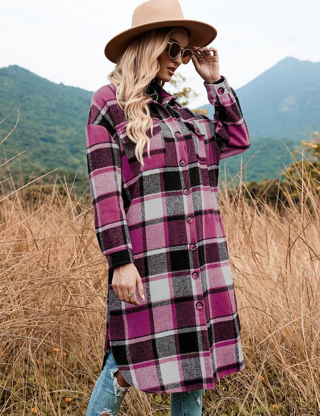 Peaceglad Women's Lounge Lapel Button Up Long Sleeve Plaid Long Shirt Jacket Shacket