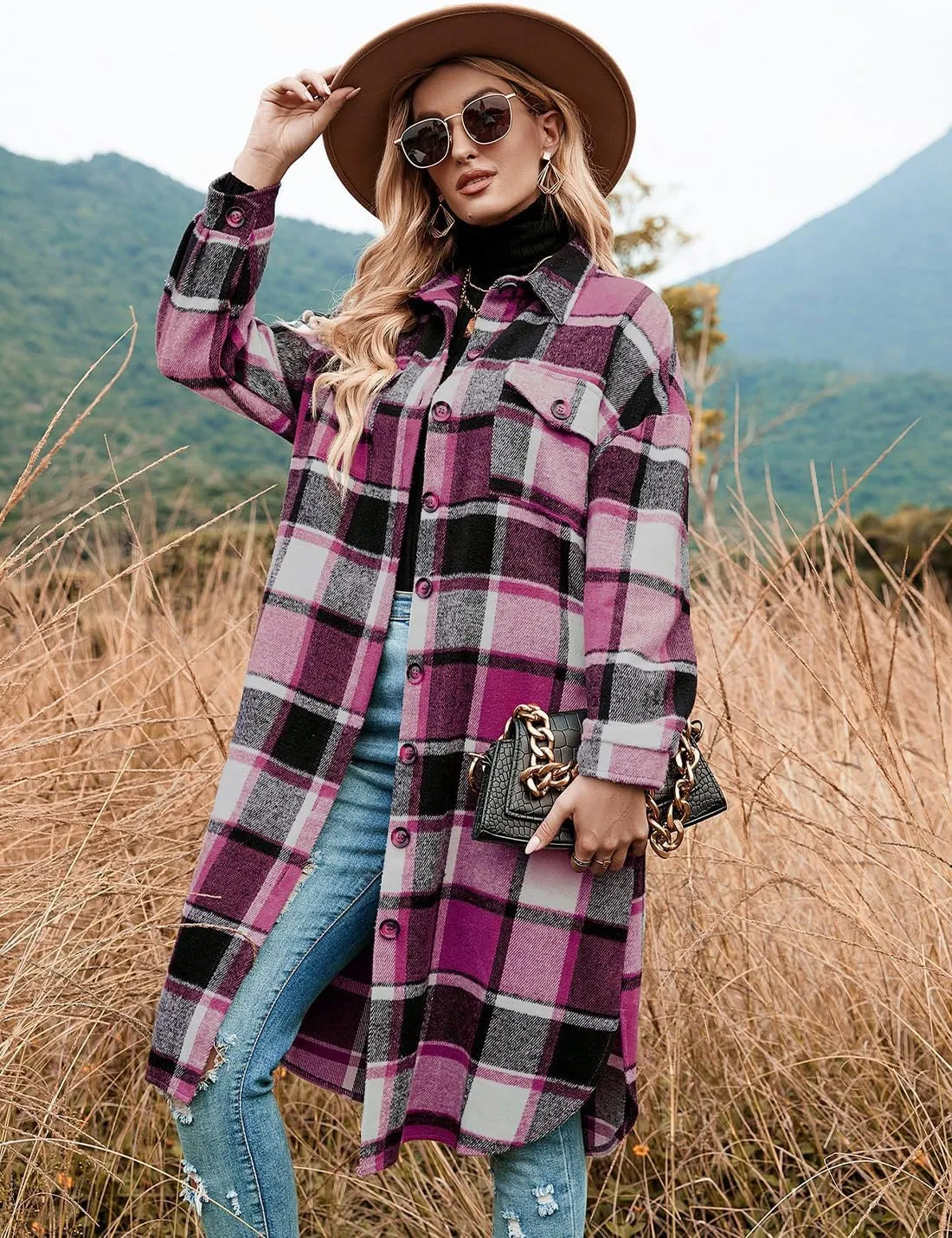 Peaceglad Women's Lounge Lapel Button Up Long Sleeve Plaid Long Shirt Jacket Shacket