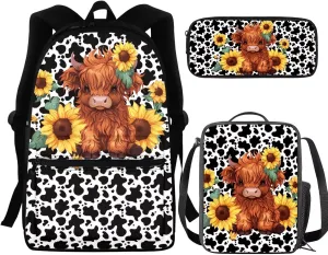 Pensura Baby Highland Cow Print School Backpack for Preschool Elementary Kindergarten Kids School Bags,Custom Name Laptop Backpack Lunch Bags and Pencil Case,3 Pieces