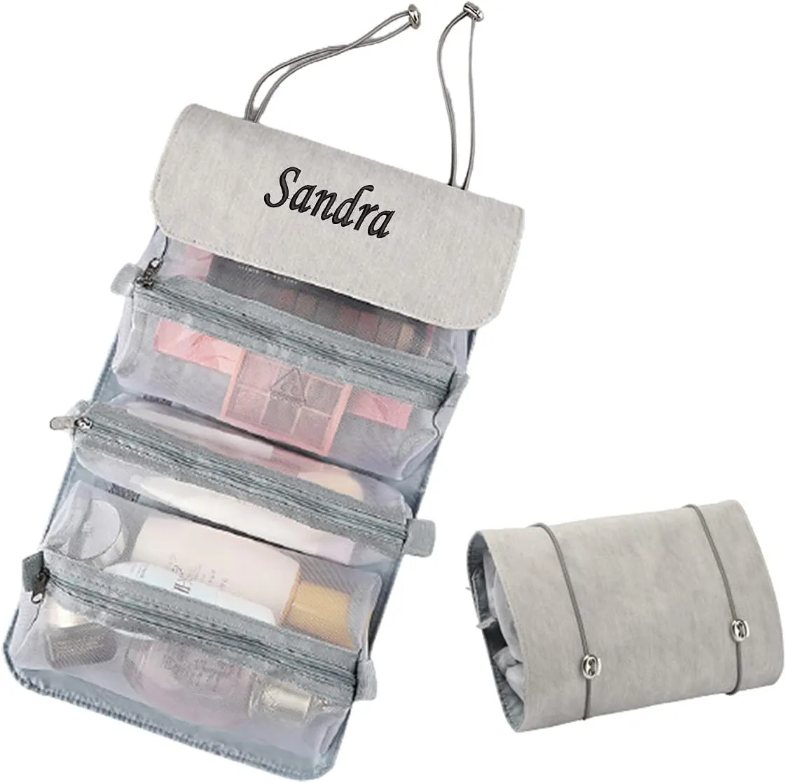 Personalized Toiletry Bag Embroidery Roll-Up Cosmetic bag Foldable Portable Travel Organizer Custom Women's Cosmetic Makeup Kits for Women Waterproof (Gray)