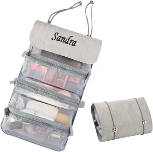 Personalized Toiletry Bag Embroidery Roll-Up Cosmetic bag Foldable Portable Travel Organizer Custom Women's Cosmetic Makeup Kits for Women Waterproof (Gray)
