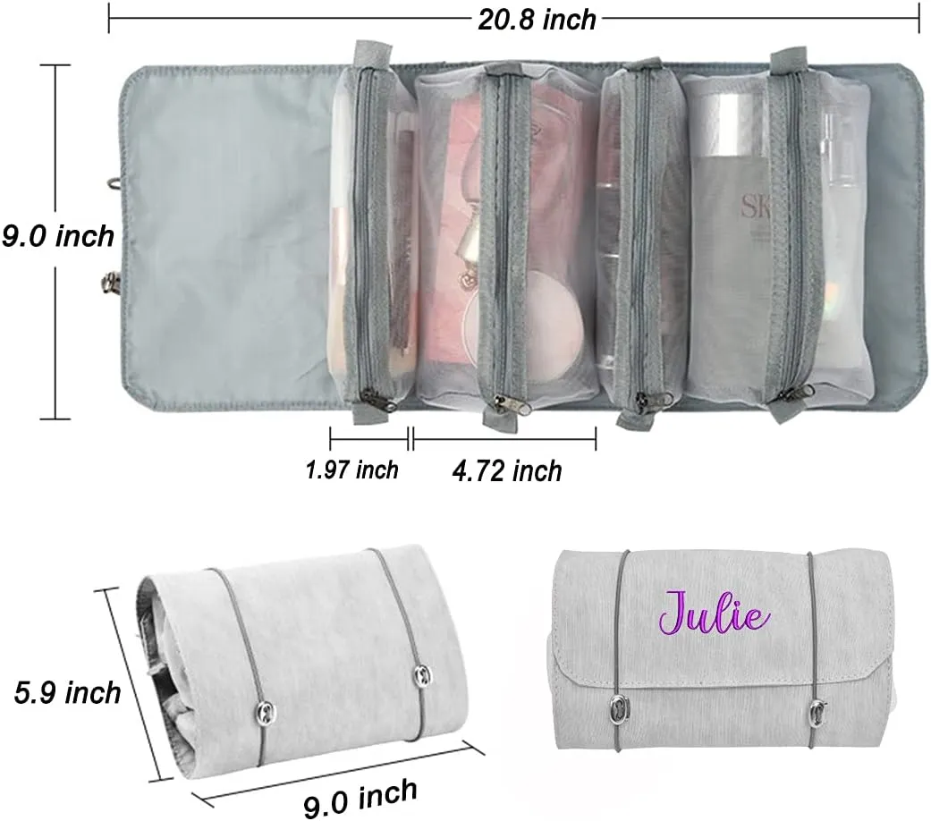 Personalized Toiletry Bag Embroidery Roll-Up Cosmetic bag Foldable Portable Travel Organizer Custom Women's Cosmetic Makeup Kits for Women Waterproof (Gray)