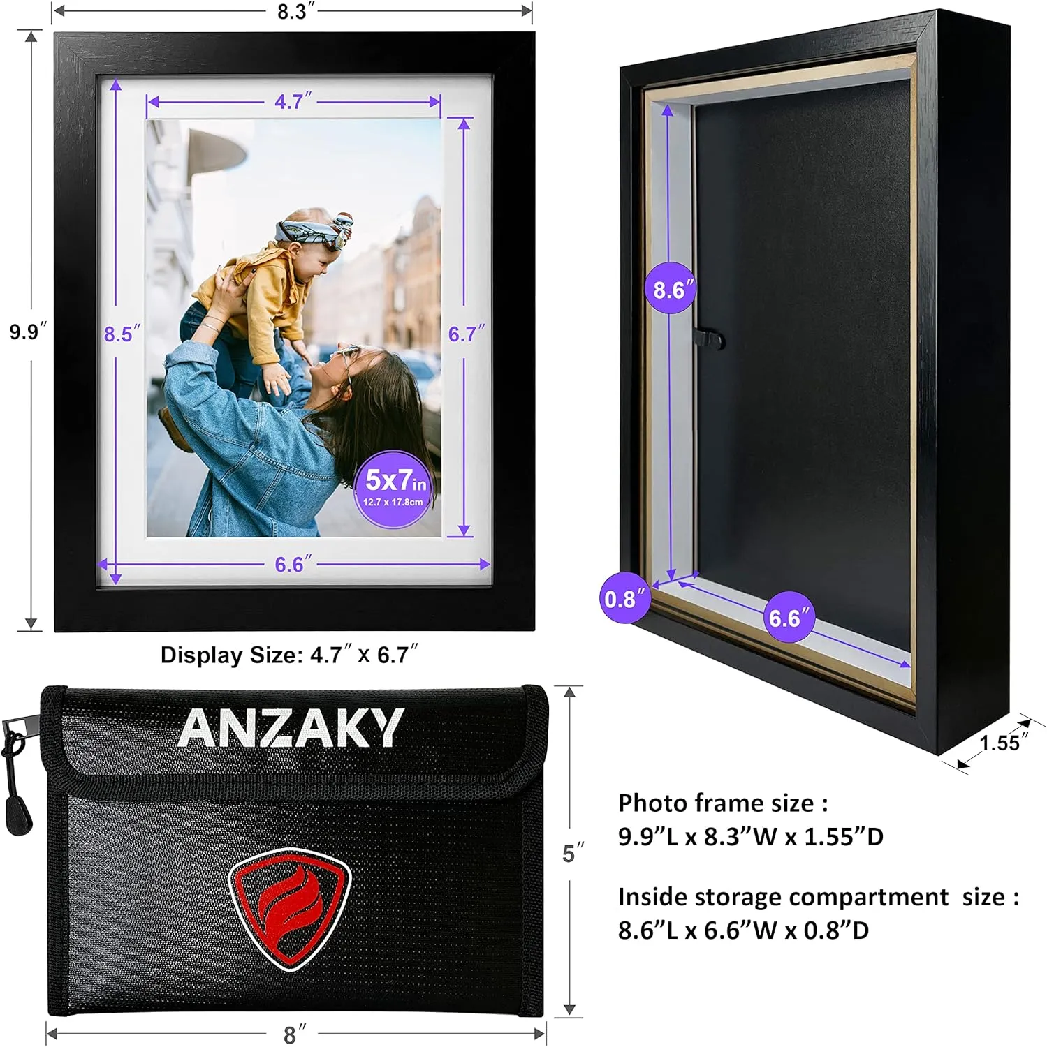 Photo Picture Frame Diversion Safe with Fireproof & Waterproof Money Bag, Valuable Storage, Home Security, ANZAKY Mini Box with Hidden Compartment to Shield your Money, Cash, 5"x7"