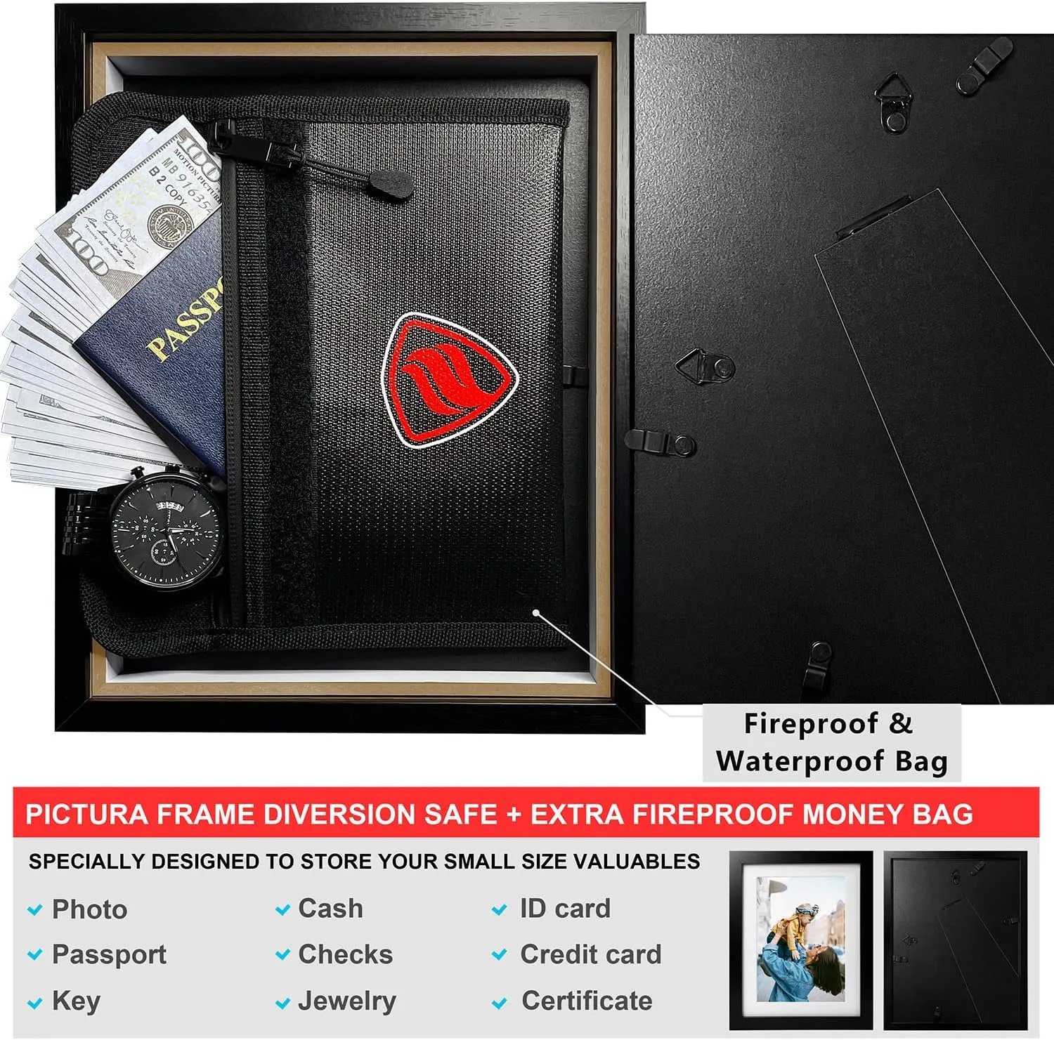 Photo Picture Frame Diversion Safe with Fireproof & Waterproof Money Bag, Valuable Storage, Home Security, ANZAKY Mini Box with Hidden Compartment to Shield your Money, Cash, 5"x7"