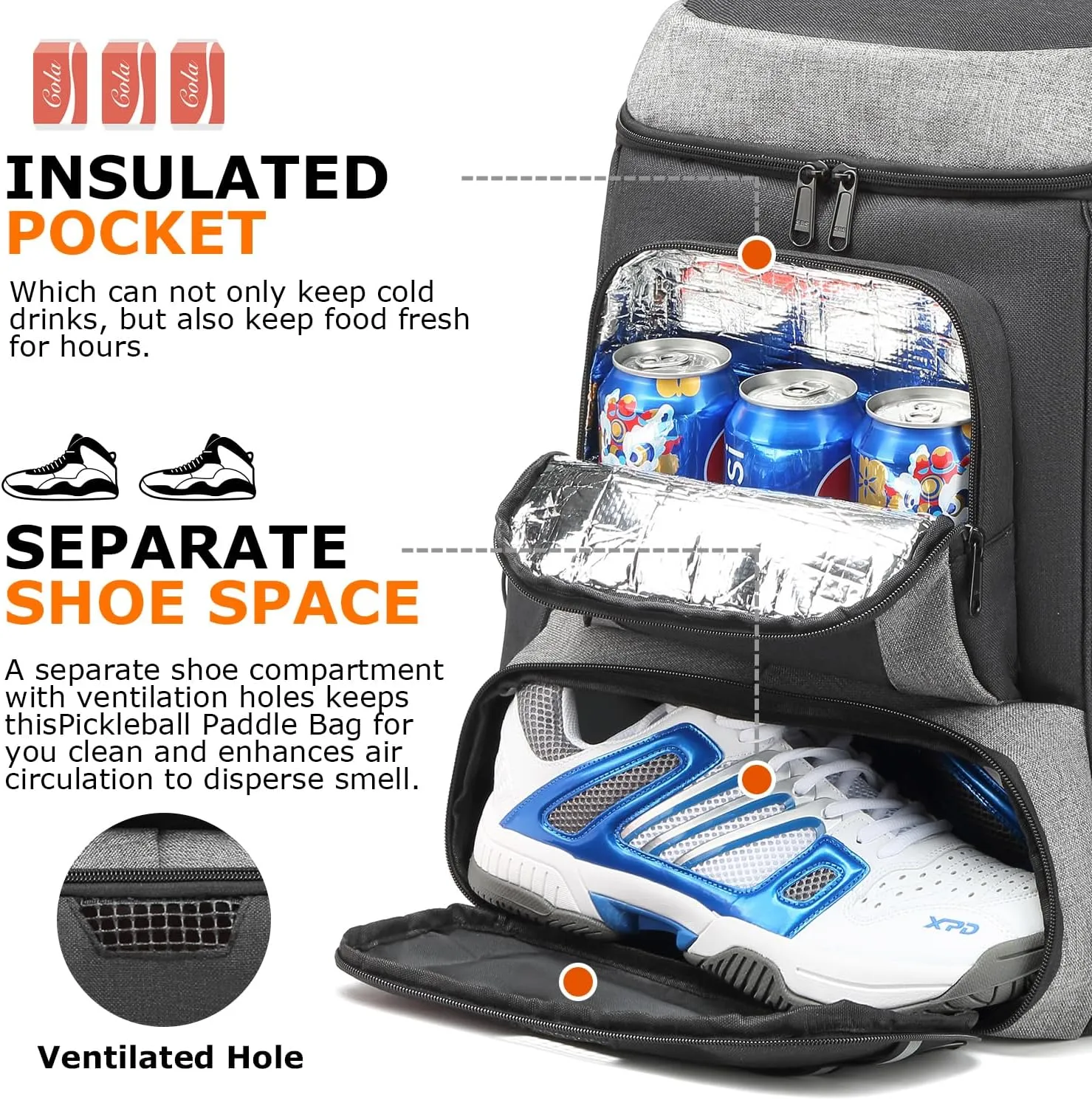 Pickleball Bag for Women & Men Pickleball Backpack with Shoe Compartment & Insulated Pocket Sports Backpack for Paddels, Balls, Accessories