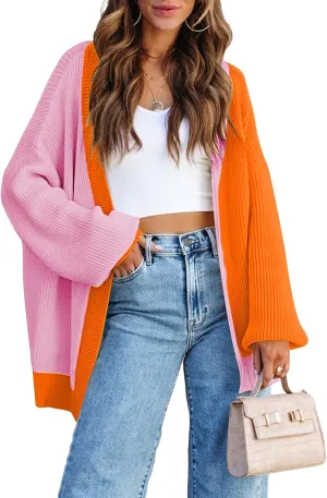 Pink Queen 2024 Fall Long Cardigans for Women Batwing Sleeve Open Front Ribbed Knit Oversized Cardigan Sweaters with Pockets