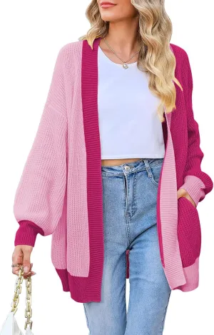 Pink Queen 2024 Fall Long Cardigans for Women Batwing Sleeve Open Front Ribbed Knit Oversized Cardigan Sweaters with Pockets