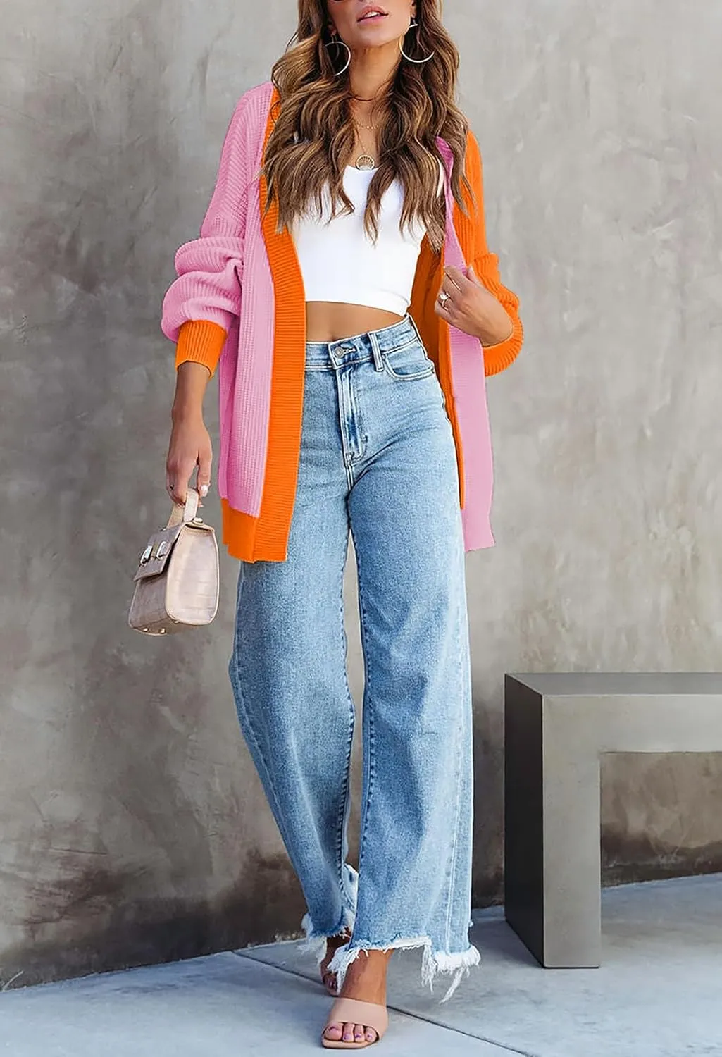 Pink Queen 2024 Fall Long Cardigans for Women Batwing Sleeve Open Front Ribbed Knit Oversized Cardigan Sweaters with Pockets