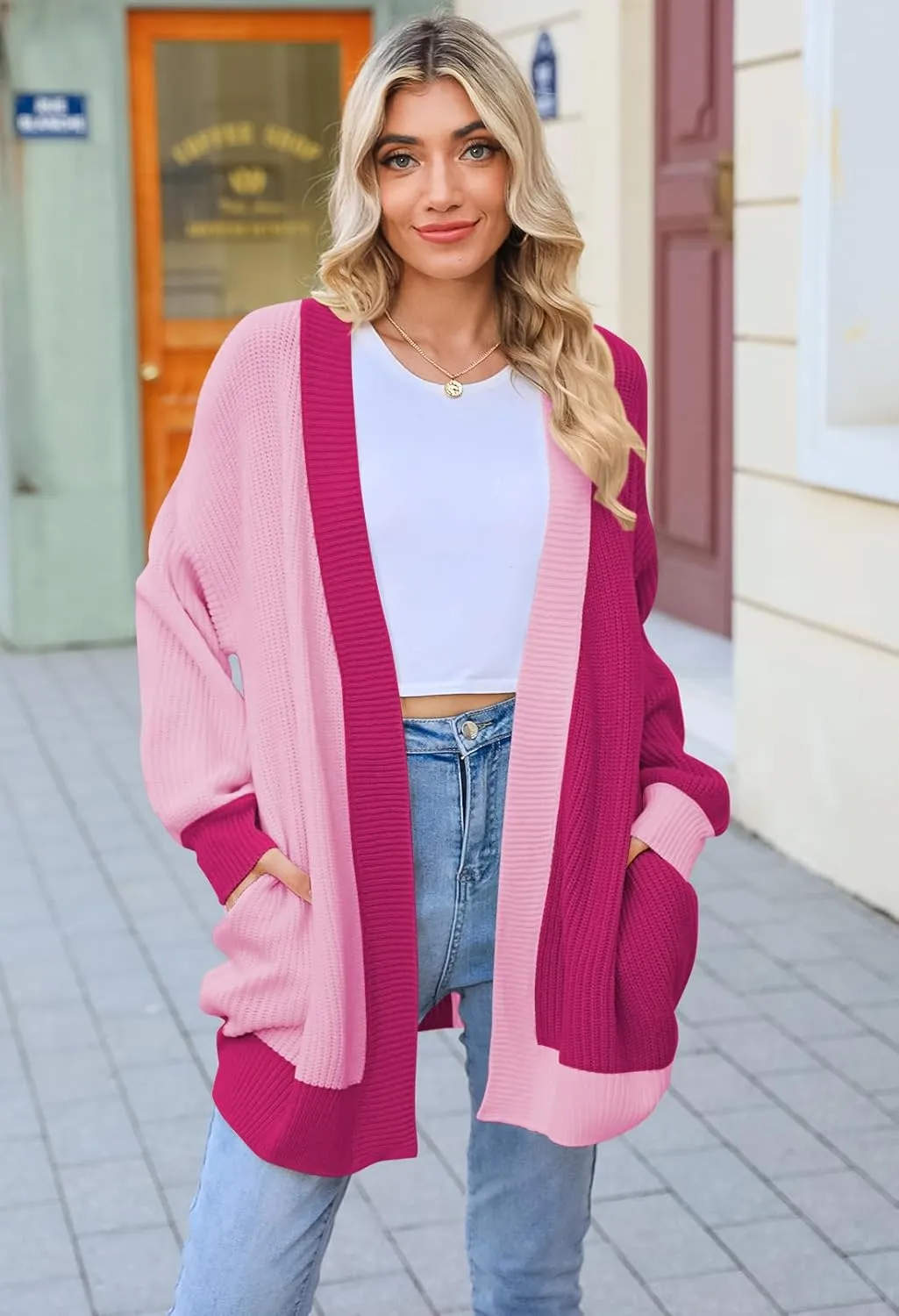 Pink Queen 2024 Fall Long Cardigans for Women Batwing Sleeve Open Front Ribbed Knit Oversized Cardigan Sweaters with Pockets
