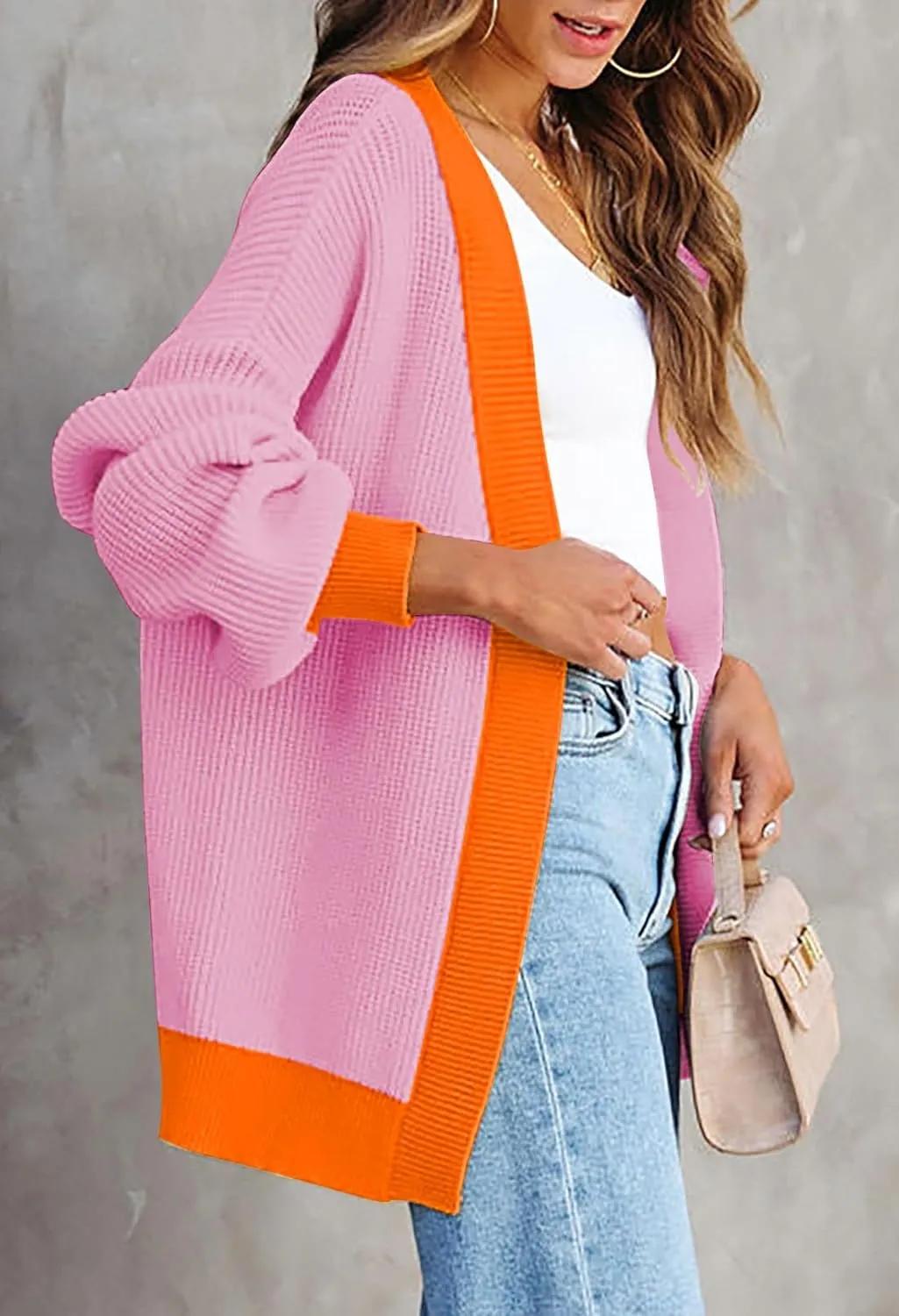 Pink Queen 2024 Fall Long Cardigans for Women Batwing Sleeve Open Front Ribbed Knit Oversized Cardigan Sweaters with Pockets