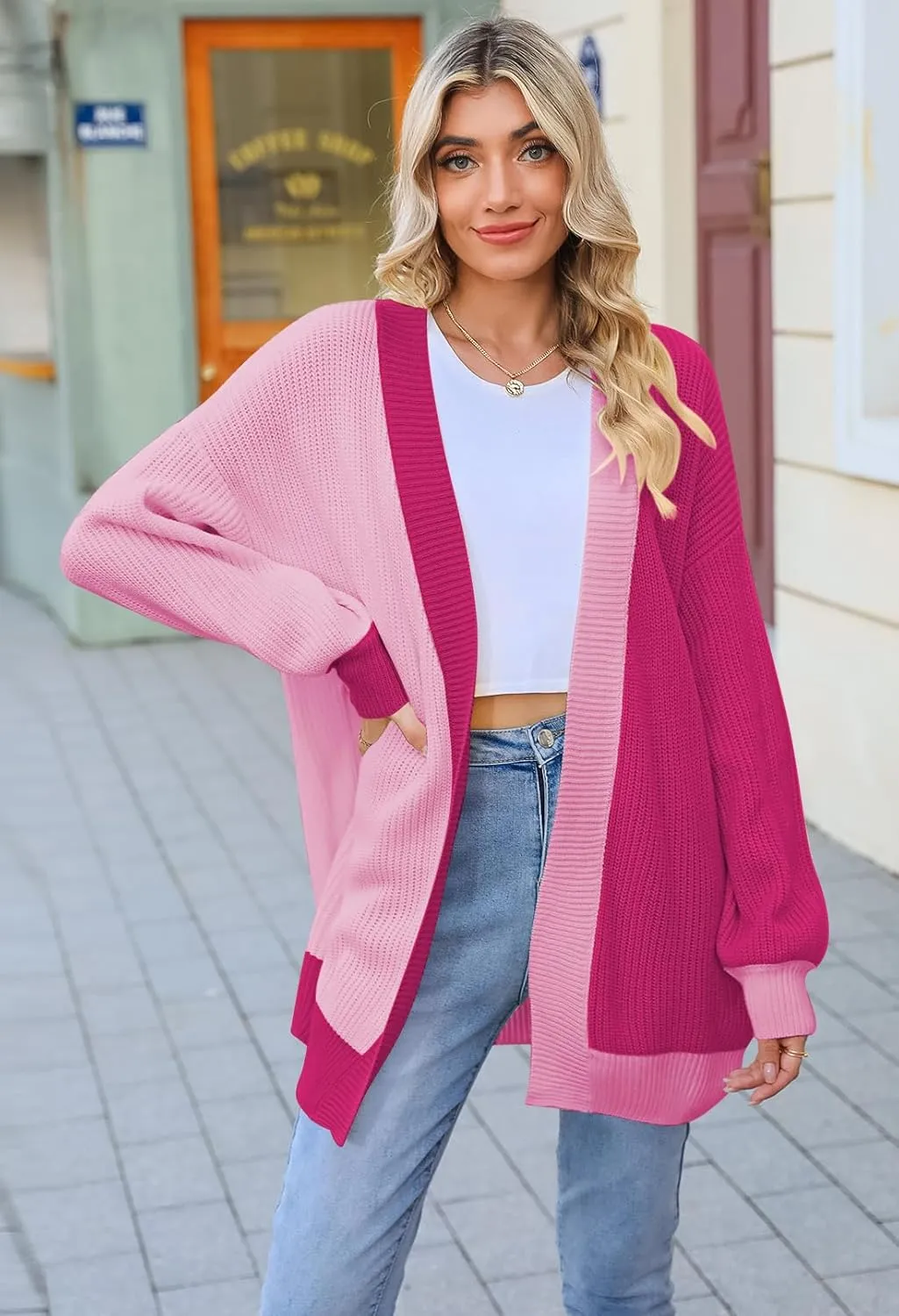 Pink Queen 2024 Fall Long Cardigans for Women Batwing Sleeve Open Front Ribbed Knit Oversized Cardigan Sweaters with Pockets