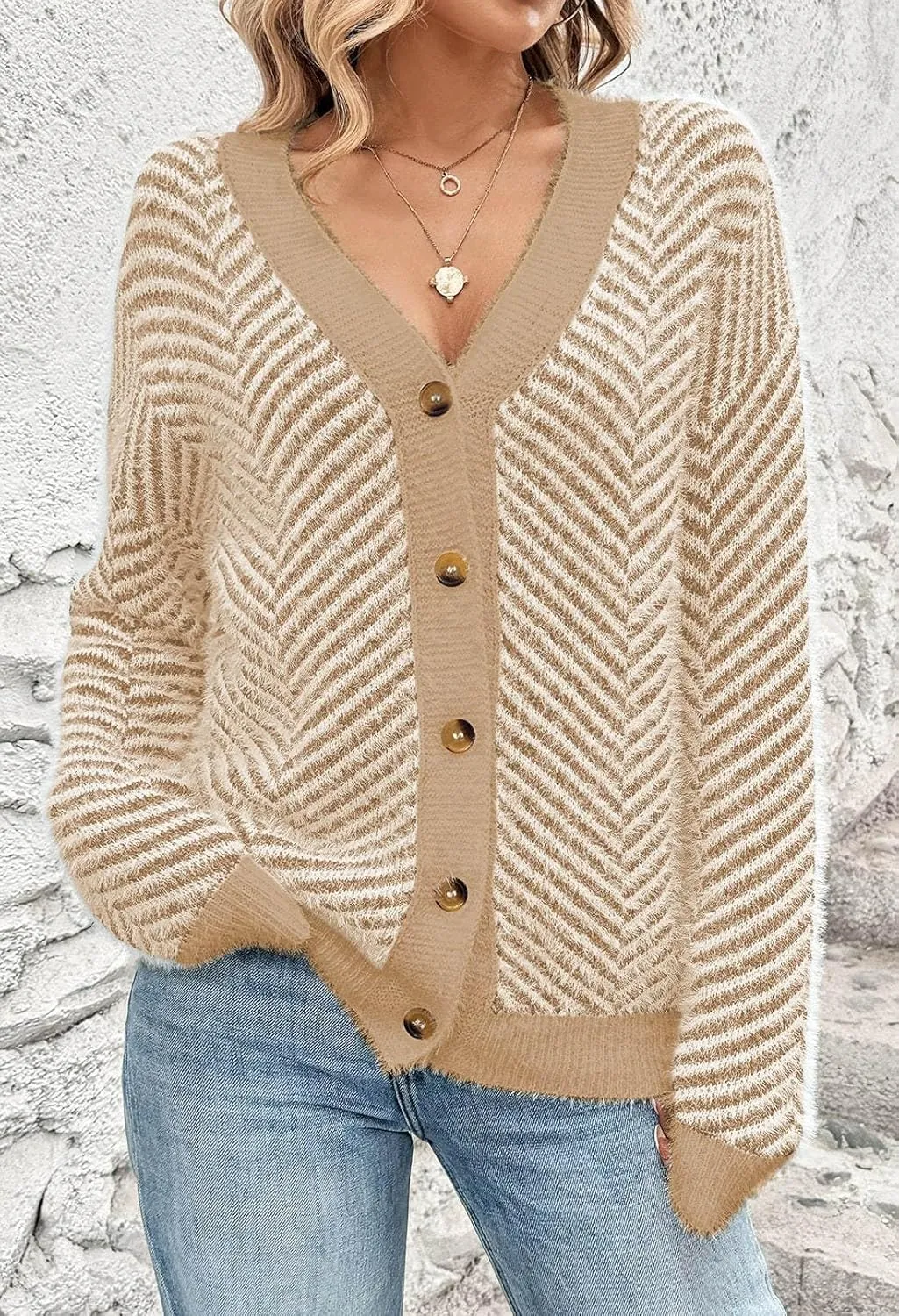 Pink Queen Women's Fuzzy Sweater Cardigans 2024 Long Sleeve Button Down Open Front Stripe Color Block Knit Cardigan Outerwear