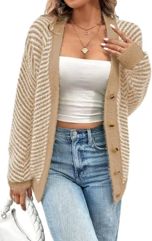 Pink Queen Women's Fuzzy Sweater Cardigans 2024 Long Sleeve Button Down Open Front Stripe Color Block Knit Cardigan Outerwear
