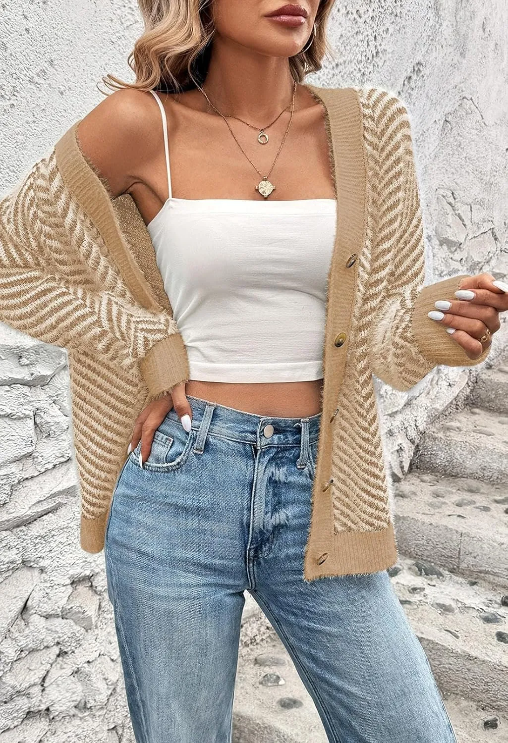 Pink Queen Women's Fuzzy Sweater Cardigans 2024 Long Sleeve Button Down Open Front Stripe Color Block Knit Cardigan Outerwear