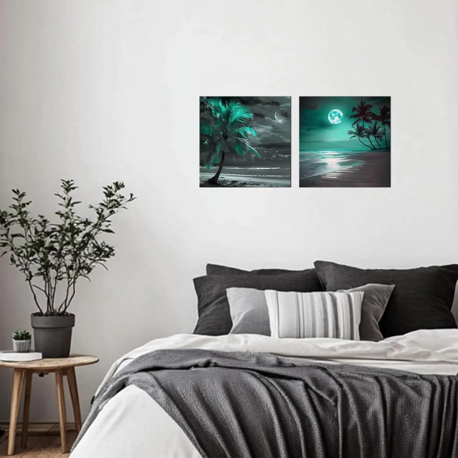 PLIDAAYO Black and White Beach Wall Art 2 Piece Turquoise Palm Tree and Moon Canvas Print Picture Ocean Seascape Poster Painting for Living Room Bedroom Home Office Decor(Bea-03,12"x12"x2)