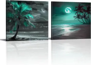 PLIDAAYO Black and White Beach Wall Art 2 Piece Turquoise Palm Tree and Moon Canvas Print Picture Ocean Seascape Poster Painting for Living Room Bedroom Home Office Decor(Bea-03,12"x12"x2)