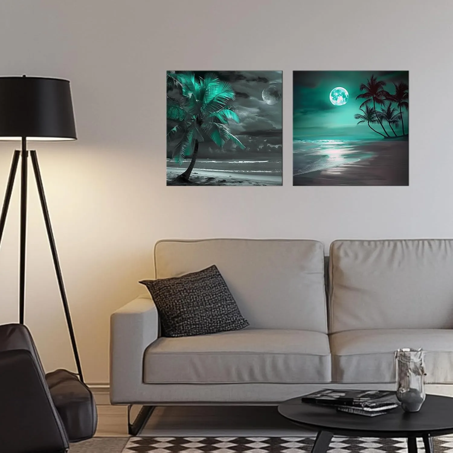PLIDAAYO Black and White Beach Wall Art 2 Piece Turquoise Palm Tree and Moon Canvas Print Picture Ocean Seascape Poster Painting for Living Room Bedroom Home Office Decor(Bea-03,12"x12"x2)