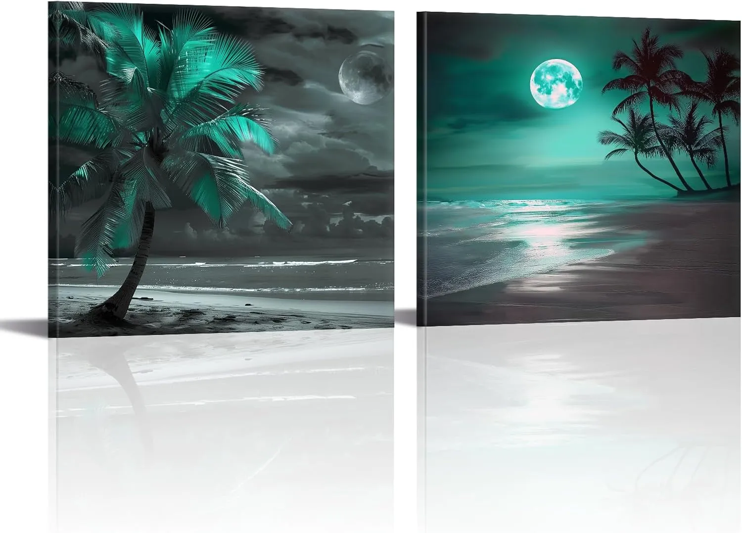 PLIDAAYO Black and White Beach Wall Art 2 Piece Turquoise Palm Tree and Moon Canvas Print Picture Ocean Seascape Poster Painting for Living Room Bedroom Home Office Decor(Bea-03,12"x12"x2)
