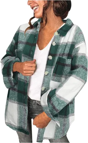 Plus Size Flannel Lapel Jacket Blouse Oversized Fall Shacket for Women Ladies Long Sleeve Fall Coat Plaid Long Shirt