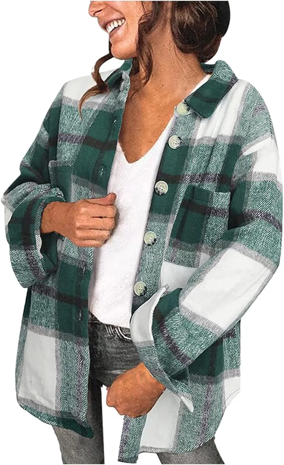 Plus Size Flannel Lapel Jacket Blouse Oversized Fall Shacket for Women Ladies Long Sleeve Fall Coat Plaid Long Shirt