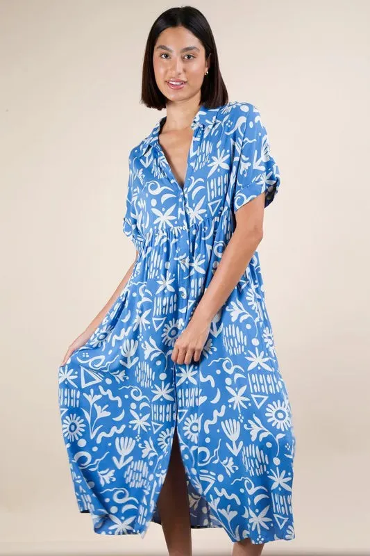 Plus Size Oversized Printed Shirt Midi Dress