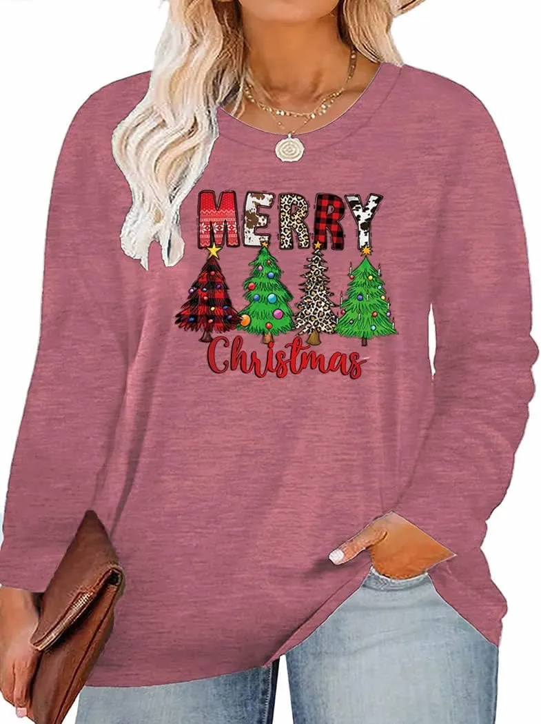 Plus Size Women T-Shirt Christmas Candy Snowman Gift Funny Casual Long Sleeve Graphic Cute Tee Tops