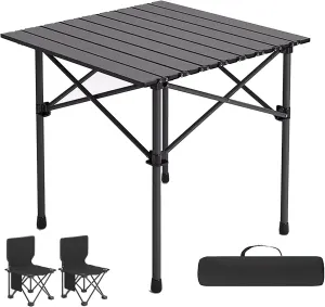 Portable Folding Camping Tables and Chair, Carbon Steel Beach Table with Carry Bag, Camping Essentials for Outdoor Picnic, Camp, Travel (Color : Black 2 Chairs, Size : 20.8x20x19.6in)