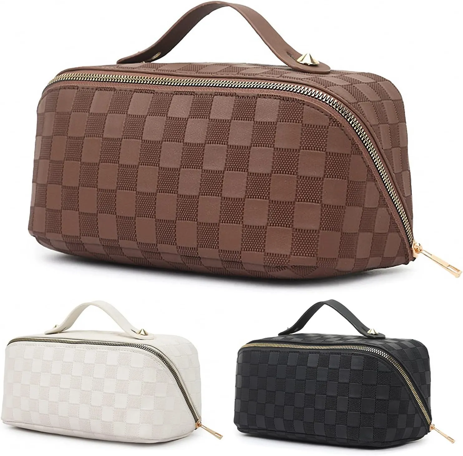 Portable Makeup Bags Large Capacity Travel Cosmetic Bag for Women Waterproof PU Leather Checkered Makeup, Organizer Makeup Brushes Storage Bag with Dividers and Handle (Brown)