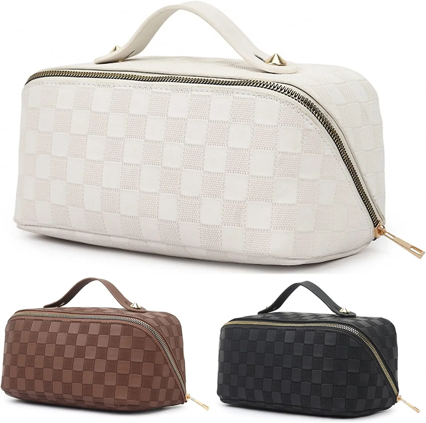 Portable Makeup Bags Large Capacity Travel Cosmetic Bag for Women Waterproof PU Leather Checkered Makeup, Organizer Makeup Brushes Storage Bag with Dividers and Handle (White)