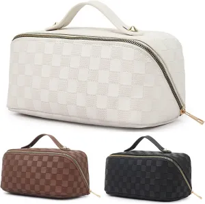 Portable Makeup Bags Large Capacity Travel Cosmetic Bag for Women Waterproof PU Leather Checkered Makeup, Organizer Makeup Brushes Storage Bag with Dividers and Handle (White)