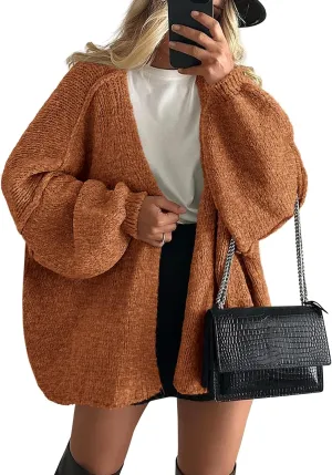 PRETTYGARDEN Womens Oversized Cardigan Sweaters 2025 Fall Long Lantern Sleeve Knit Open Front Lightweight Sweater