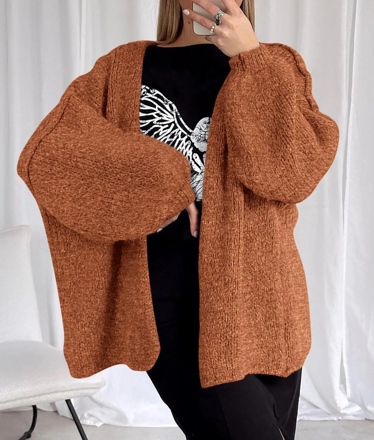 PRETTYGARDEN Womens Oversized Cardigan Sweaters 2025 Fall Long Lantern Sleeve Knit Open Front Lightweight Sweater