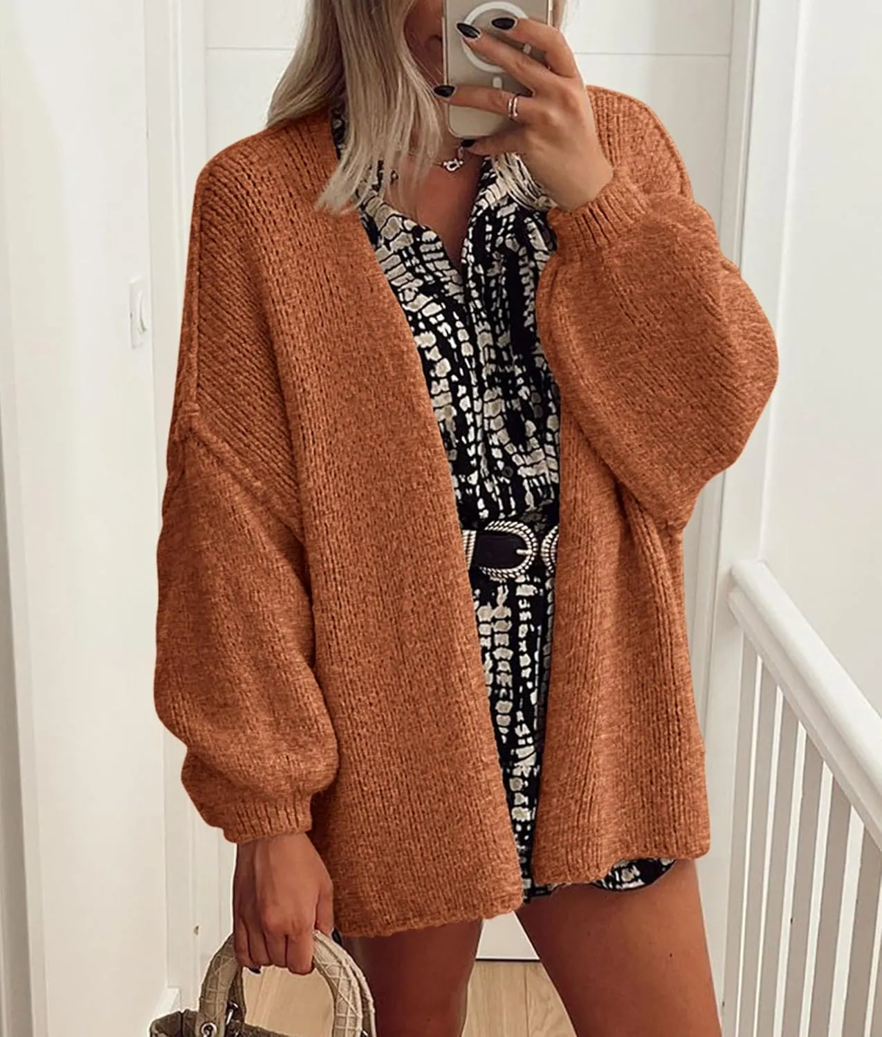 PRETTYGARDEN Womens Oversized Cardigan Sweaters 2025 Fall Long Lantern Sleeve Knit Open Front Lightweight Sweater