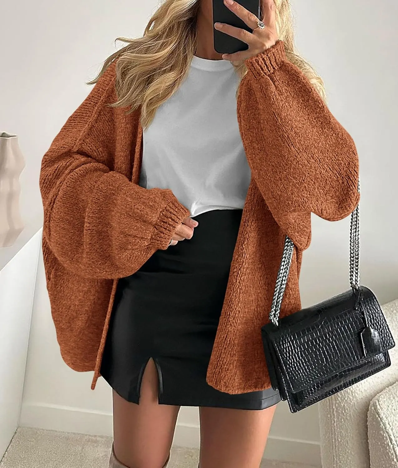 PRETTYGARDEN Womens Oversized Cardigan Sweaters 2025 Fall Long Lantern Sleeve Knit Open Front Lightweight Sweater