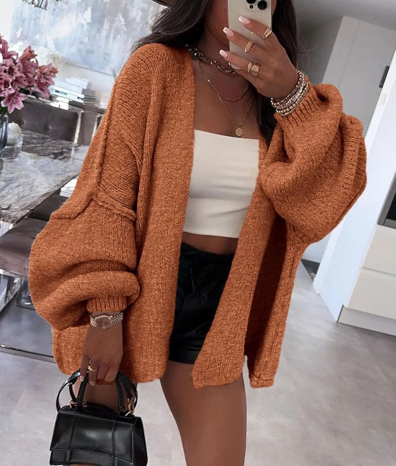 PRETTYGARDEN Womens Oversized Cardigan Sweaters 2025 Fall Long Lantern Sleeve Knit Open Front Lightweight Sweater